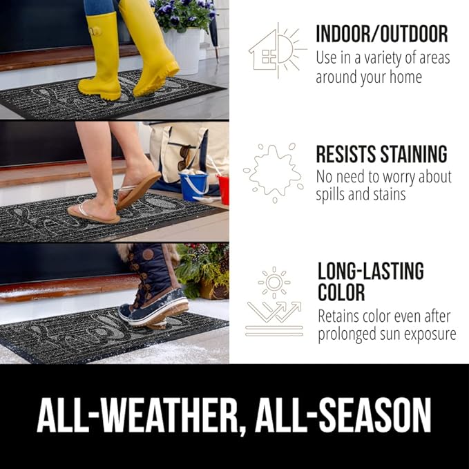 GORILLA GRIP 100% Waterproof All-Season WeatherMax Doormat, 23x35, Durable Natural Rubber, Stain and Fade Resistant, Low Profile, Indoor Outdoor Door Mats, Easy Clean Patio Entry Mat, Charcoal Hello