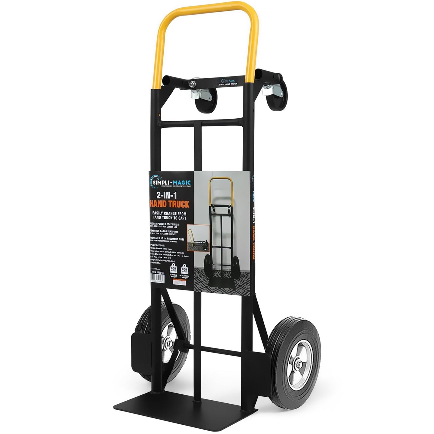 SIMPLI-Magic 2 in 1 Convertible Hand Truck and Dolly, 800LBS – Heavy-Duty Moving Dolly Cart with 10" Flat Free Rubber Wheels & Handle