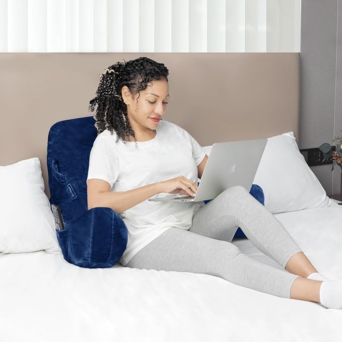 SLIGUY Reading Pillow Standard Bed Pillow for Sitting in Bed Couch or Floor-Backrest with Arms Support and Pockets, Adult Back Pillow Bed Chair for Bed Rest, Reading, Watching TV, Gaming, Blue