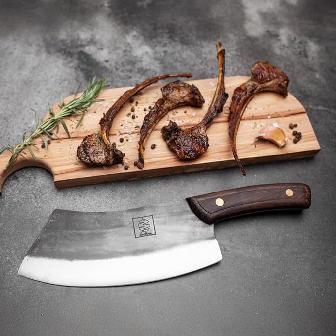 COOLINA Knife Set – Lixy Hand-Forged Butcher Knife & Chef Knife Bundle – Full Tang Carbon Steel Cleaver and Cooking Knife with Wooden Handles – Professional Kitchen & BBQ Knives