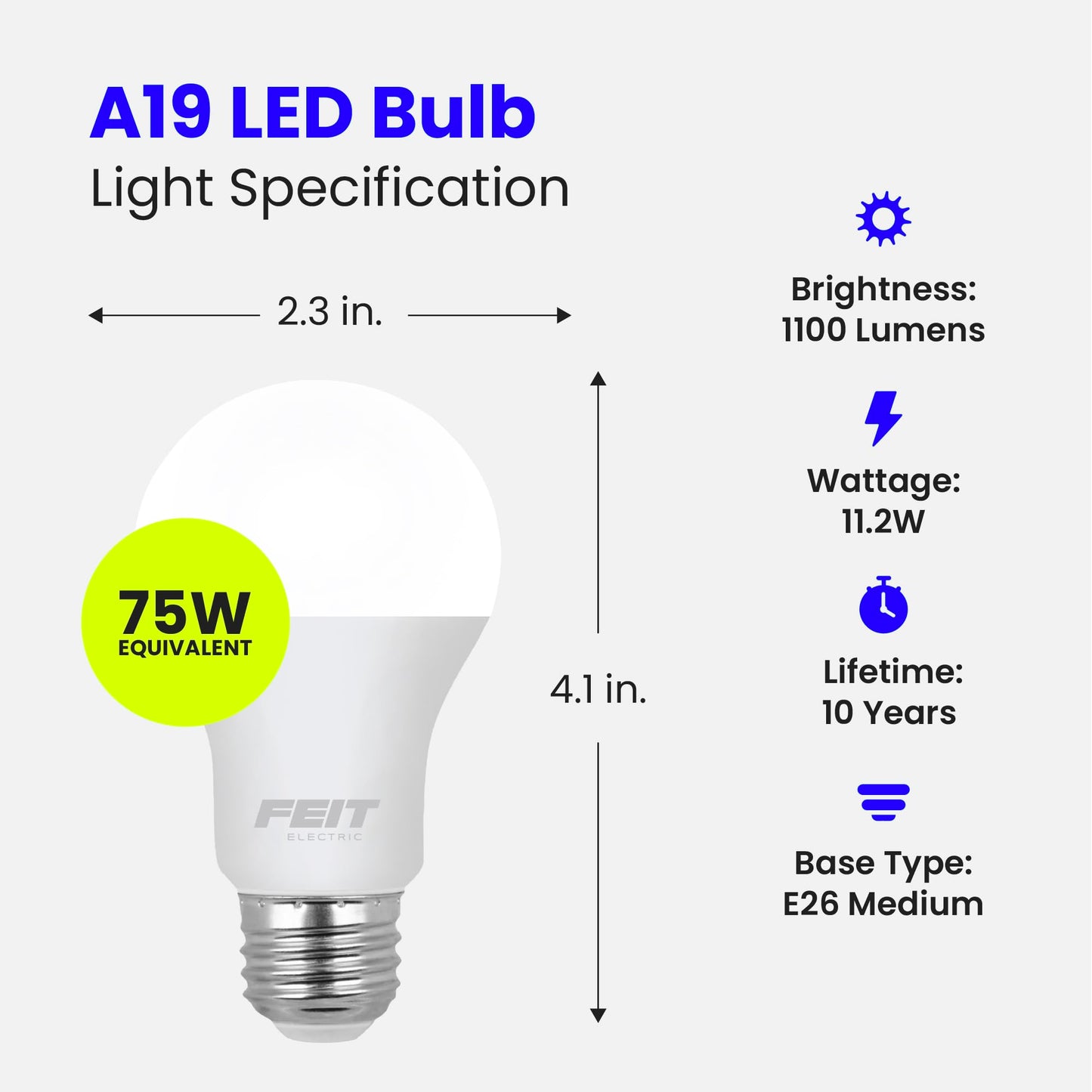 Feit Electric A19 LED Light Bulbs, 75W Equivalent, 1100 Lumens, E26 Base, 2700k Soft White, 2 Pack, Model A1100/