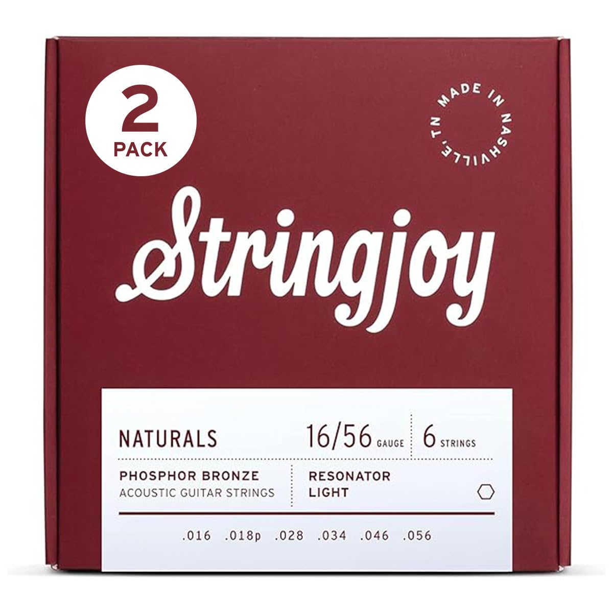 Stringjoy Resonator Light Gauge Naturals Phosphor Bronze Acoustic Guitar Strings 16-56, NB1656, Long-Lasting Clear & Shimmering