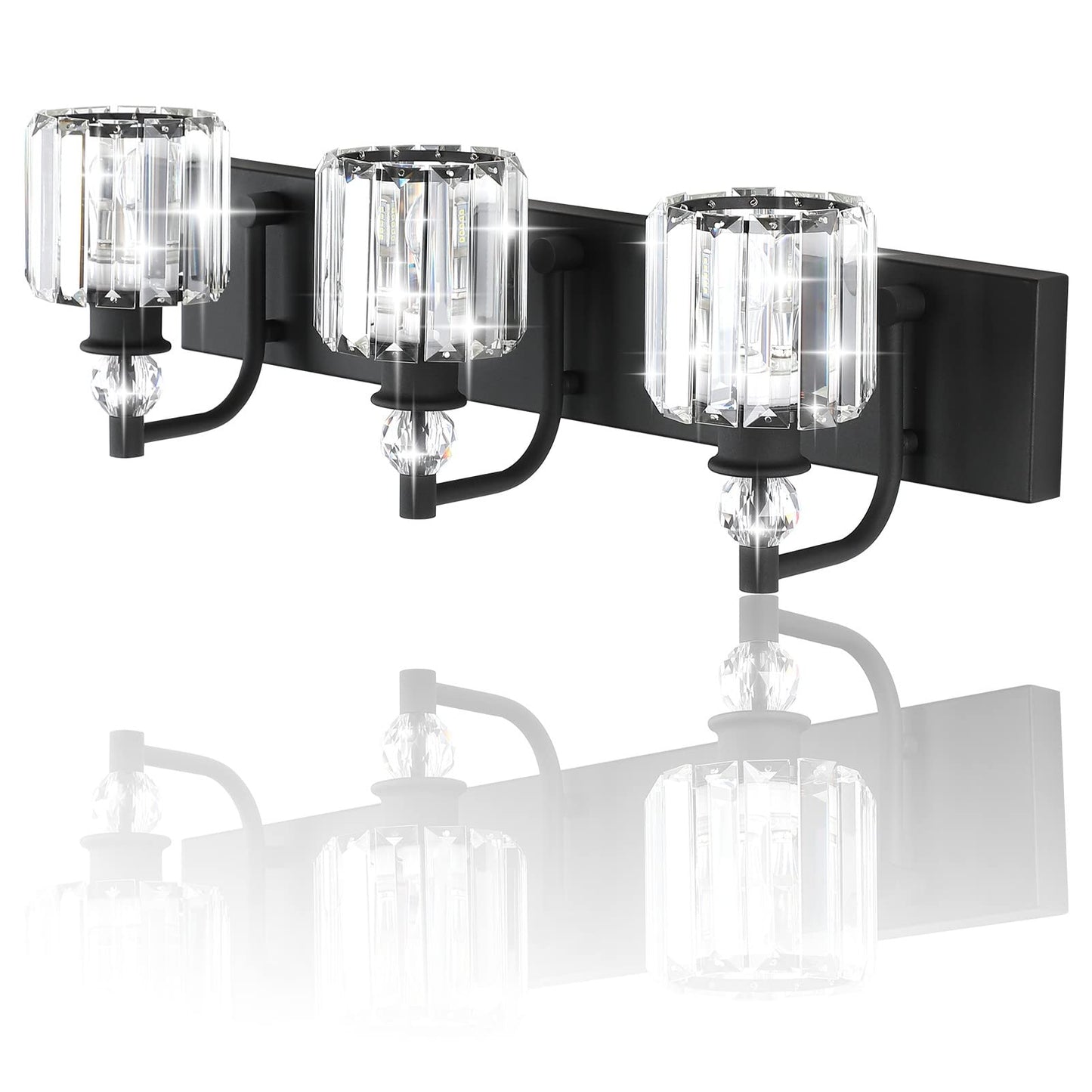 Ralbay 3 Light Bathroom Vanity Lights - Matte Black Crystal Fixtures, 24 Inch, Model 8605, Modern Over Mirror Design