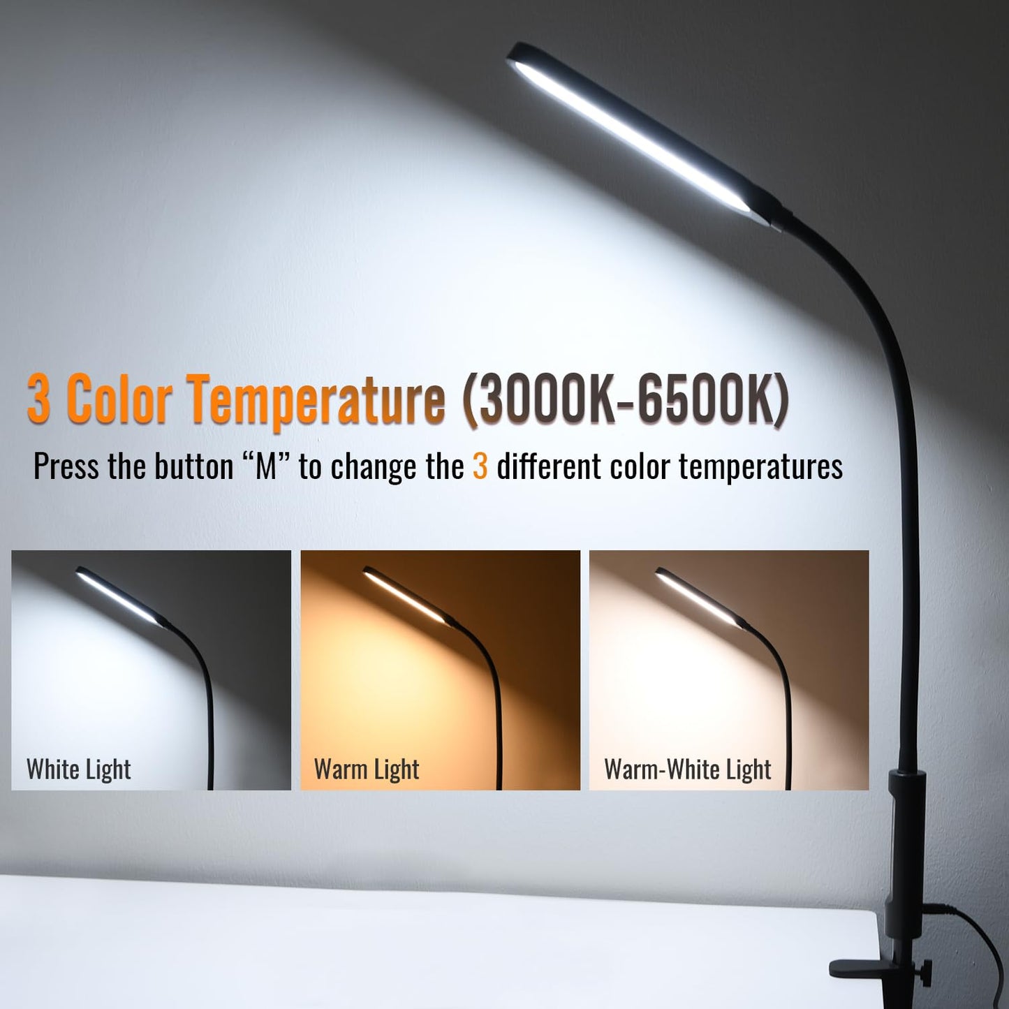 CeSunlight Clamp Lamp, Ultra Bright 18W, CRI>95, 3000 LMS, 3 Color Modes, Large, Ink Black, Model G03
