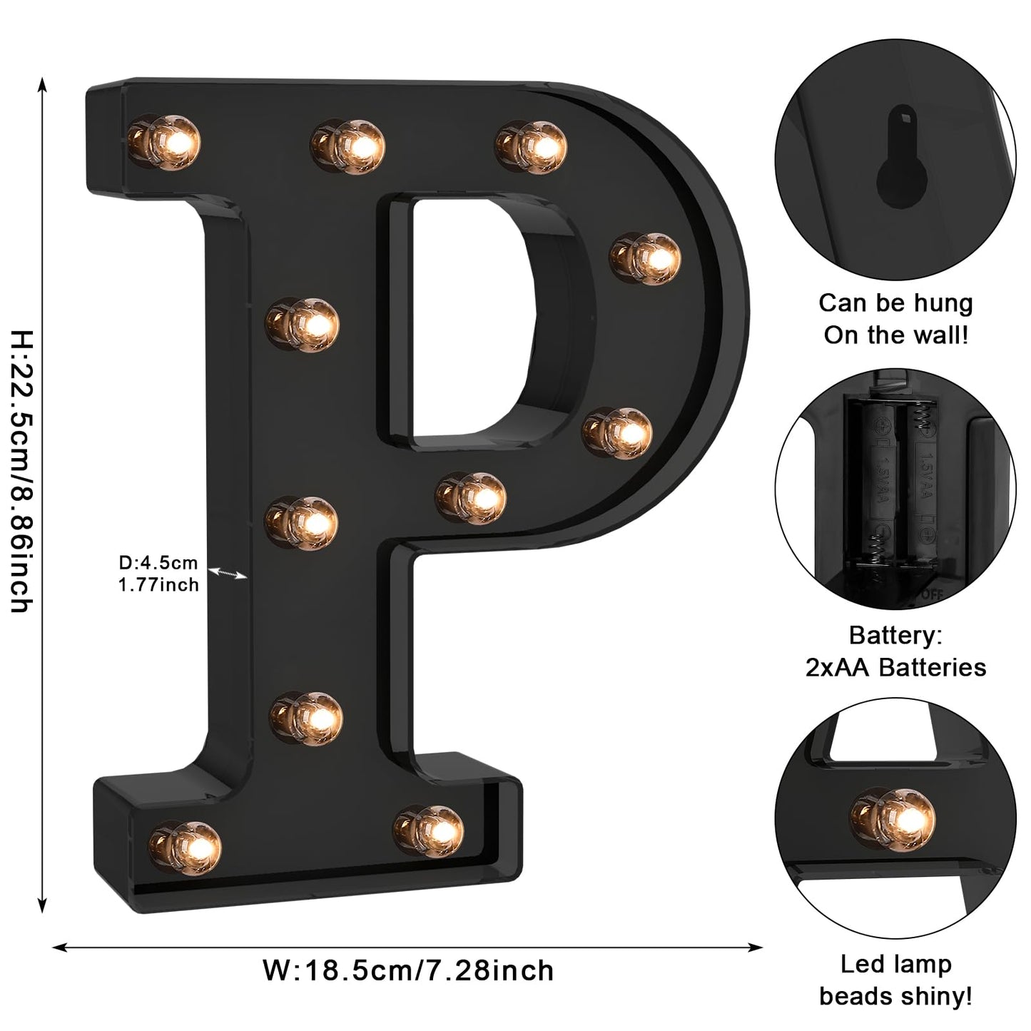Foaky Black LED Letter Lights - Battery Operated, Plastic, Model Black-25, Size P, Bedroom Wall Decor