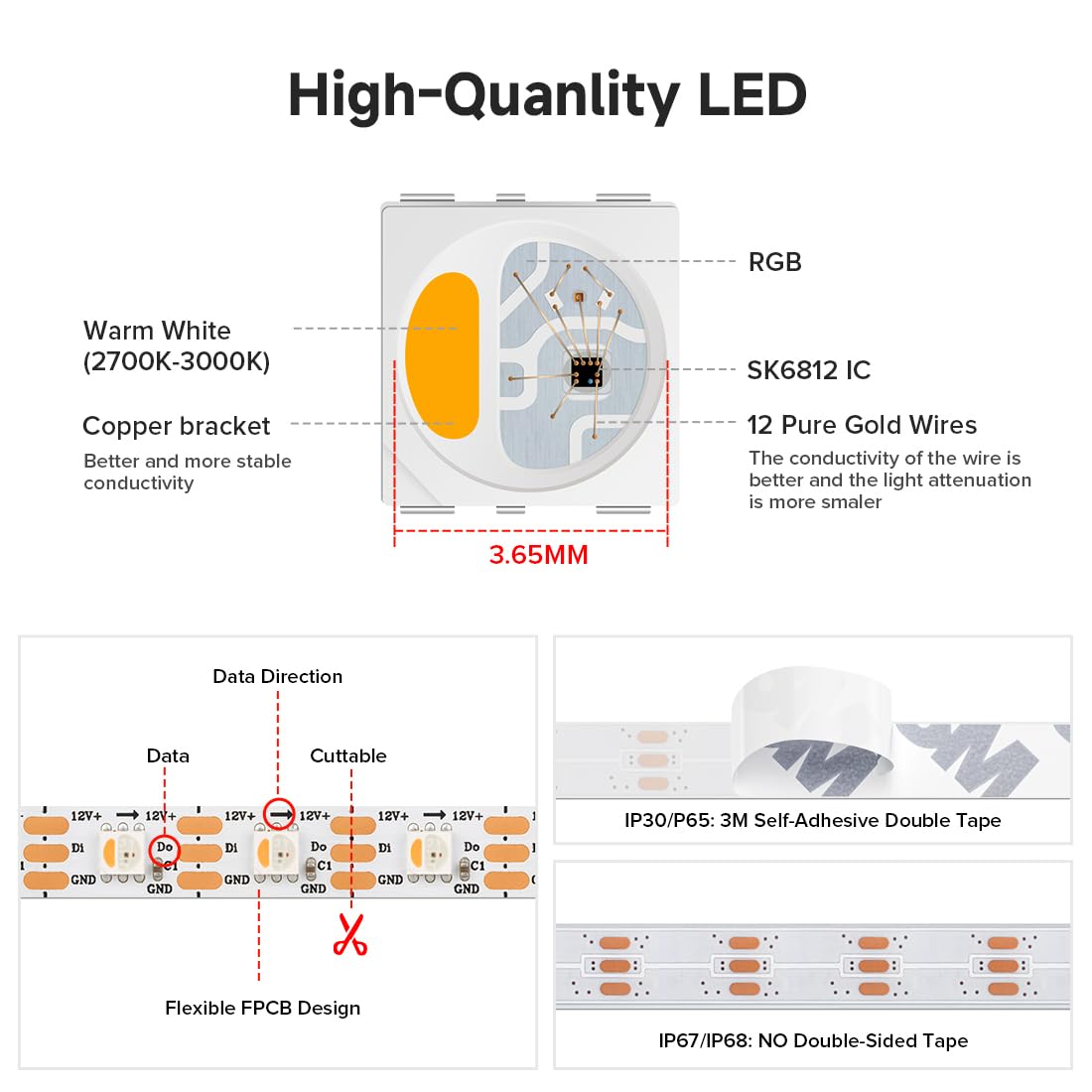 Btf-Lighting Sk6812(Similar Ws2812B) Rgbw Rgb+Warm White(3000K) Individually Addressable Dc12V 16.4Ft 60Led/M 4 Colors In 1 Light Dream Color Led Strip Ip68 White Pcb(No Adapter Or Controller)