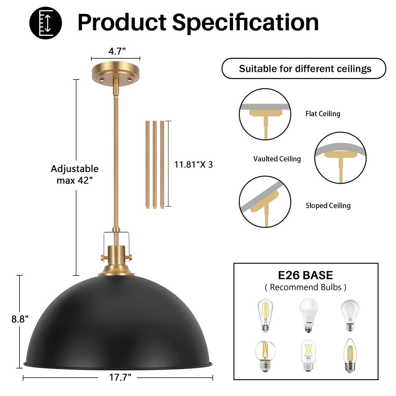 Lamqee 18 Inch Black And Gold Large Pendant Light Kitchen Island  Farmhouse Modern Dome Pendant Light Fixtures Ceiling Hanging Lighting Chandelier For Dining Room Over Table  Bar  Hallway  Entryway