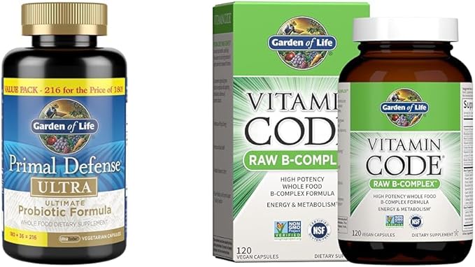 Garden of Life Probiotics & Vitamins B Complex - Primal Defense Ultra Ultimate Probiotic 216 Capsules + Raw B Complex 120 Vegan Capsules
