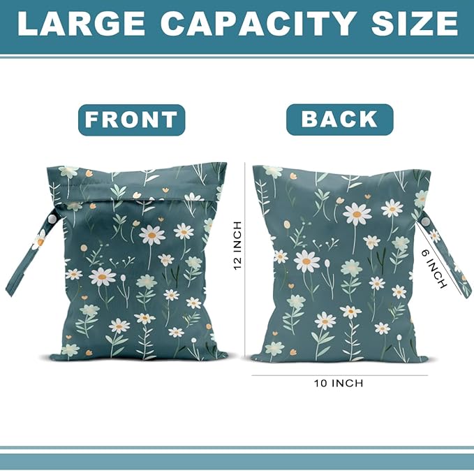 2Pcs Wild Flower Wet Bag 12x10 Inch, Daisy Waterproof Travel Laundry Bags, Floral Washable Reusable Wet Dry Bag for Swimsuit Pool Beach Diapers Dirty Yoga Gym Clothes, Flowers Gifts for Women Friend