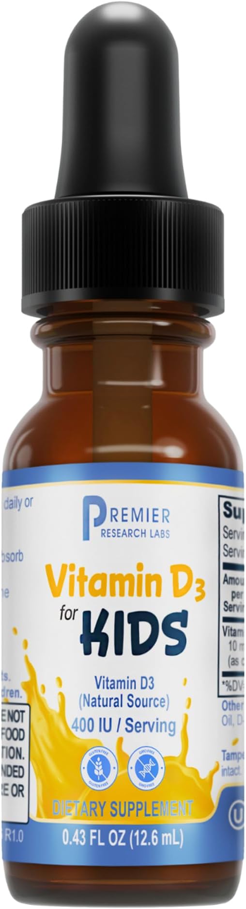 Premier Research Labs Vitamin D3 for Kids - Vitamin D Drops for Children, Kids Liquid Vitamin D, 400 IU Per Serving, Supports Healthy Brain Development - 0.43 fl oz