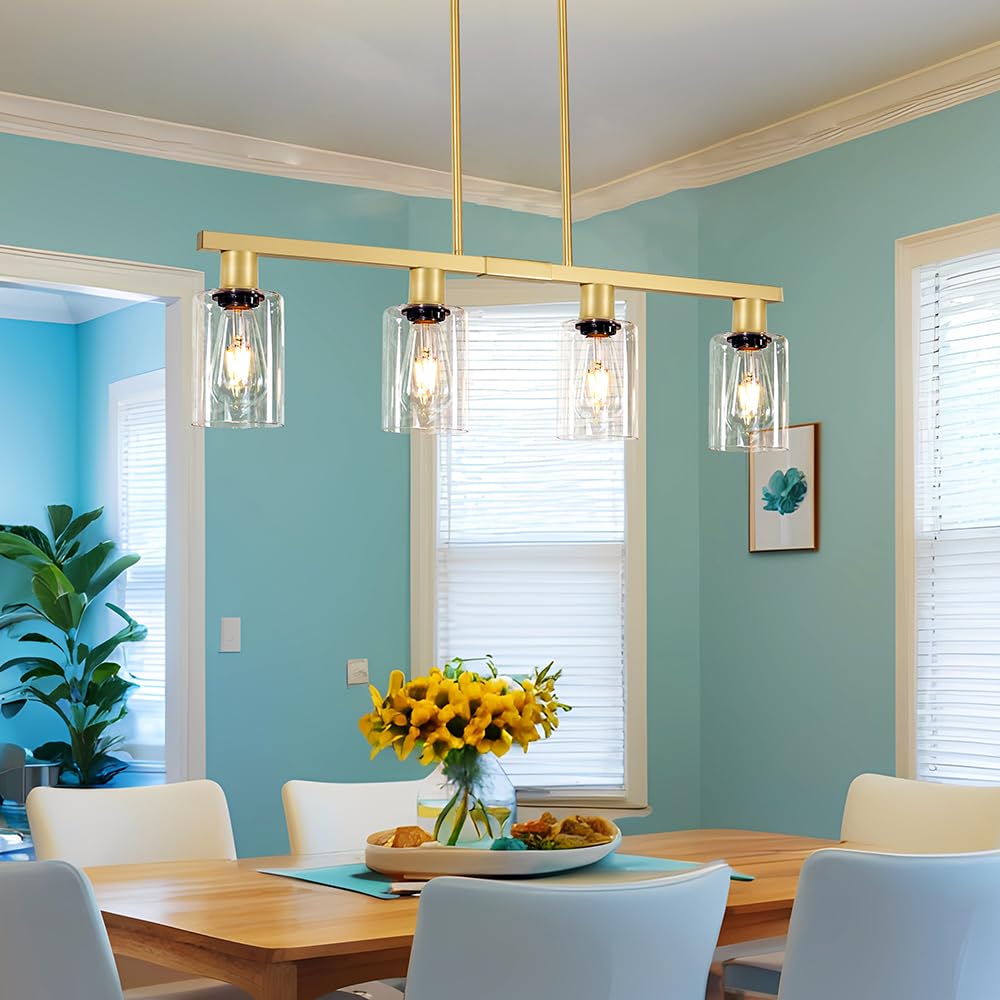 4-Light Kitchen Island Lighting  Gold Dining Room Light Fixtures Over Table  Island Lights With Glass Shade  Farmhouse Pendant Lights Kitchen Chandelier For Restaurant Bar  Height Adjustable