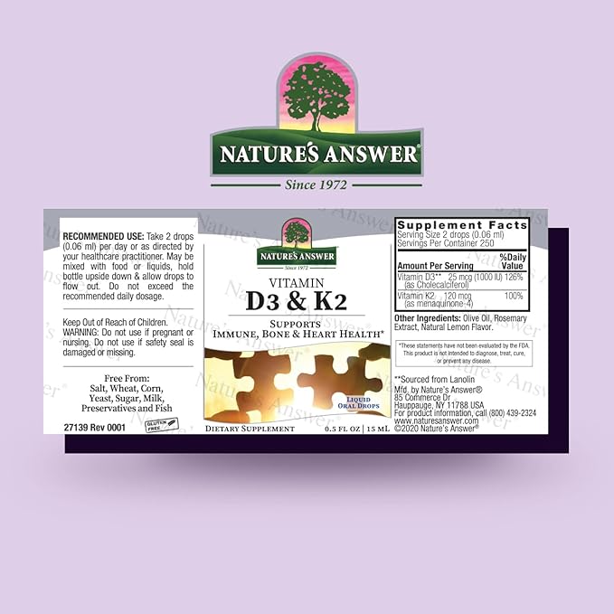 Nature's Answer Vitamin D3 and K2 Liquid Extract Oral Drops Two in one Support Supports Immune, Bone and Heart Health 0.5 fl oz - 15 ml