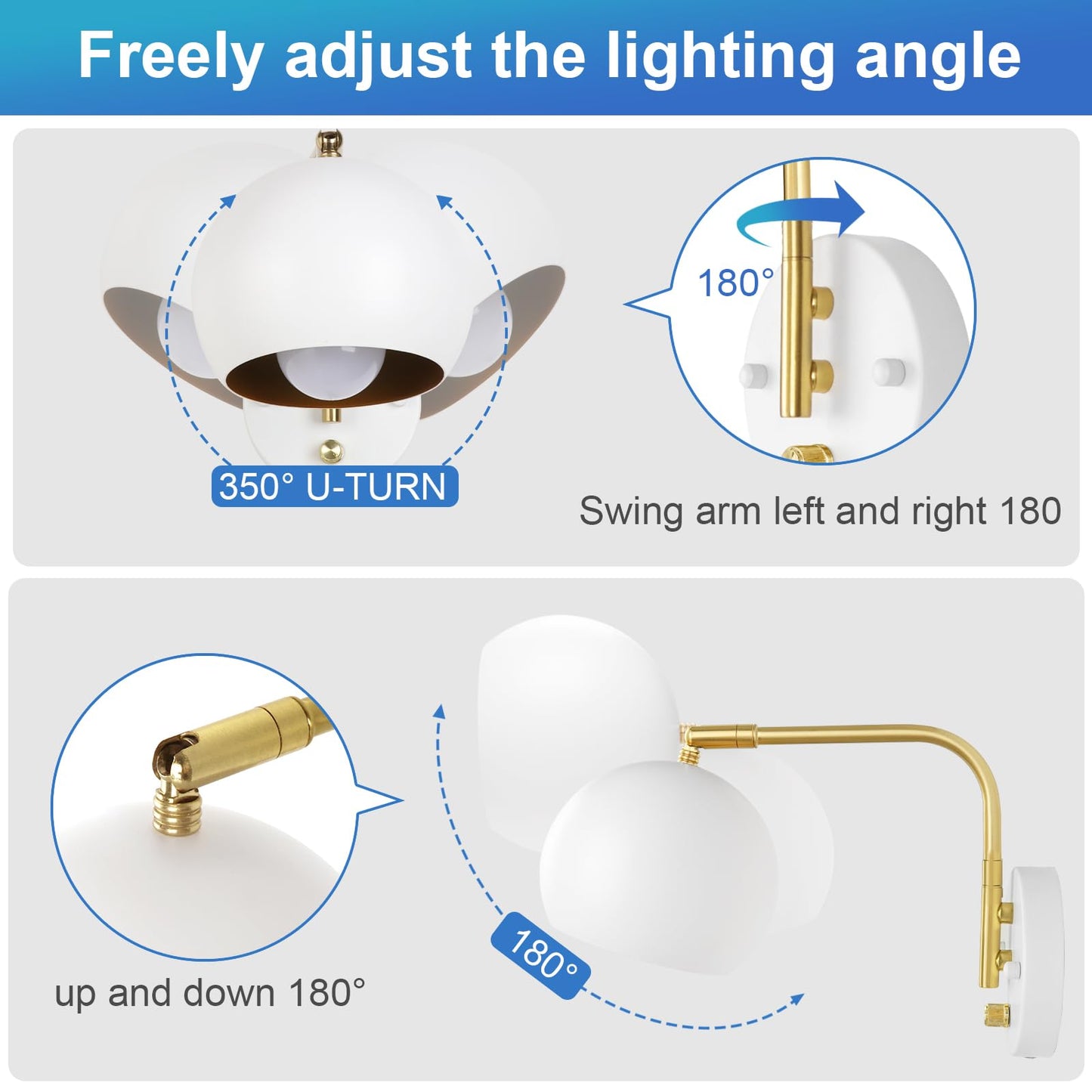 VATONI Wall Sconce with Remote Control, Dimmable 0-100%, Adjustable Color Temp 2700K-6000K, 2 Pack, Brushed Brass, White Globe
