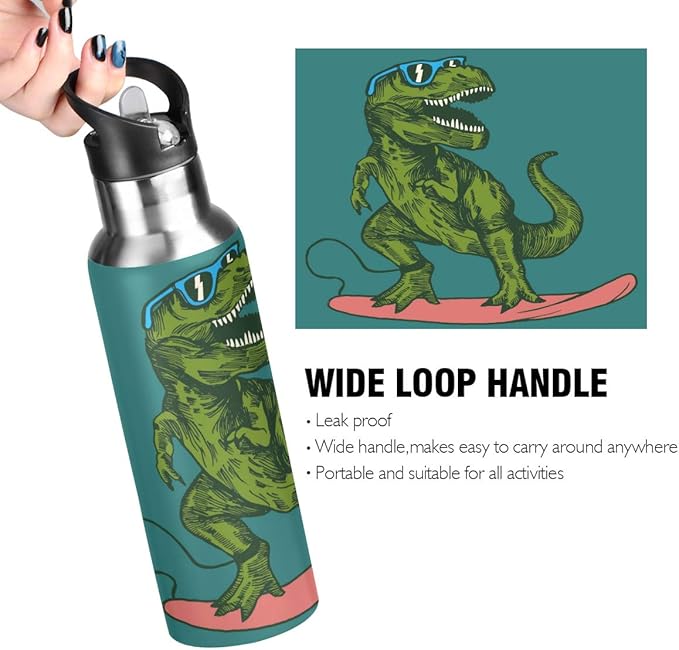 Surfing Dinosaur Sports Water Bottle, 22 Oz BPA Free Non-Toxic Stainless Steel Water Bottle with Straw for Gym Yoga Fitness Camping