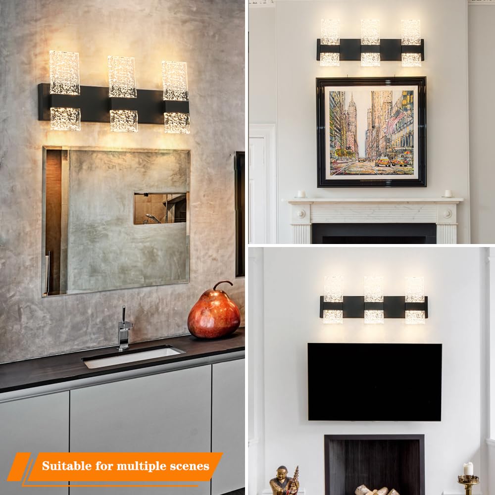 Modern Matte Black 6-Lights Bathroom Vanity Light  Eleglant Black Led Bathroom Light Fixtures Over Mirror  Dimmable Acrylic Shade Wall Lighting Fixtures  Hardwired Wall Light(H9.25In  L21.26In)
