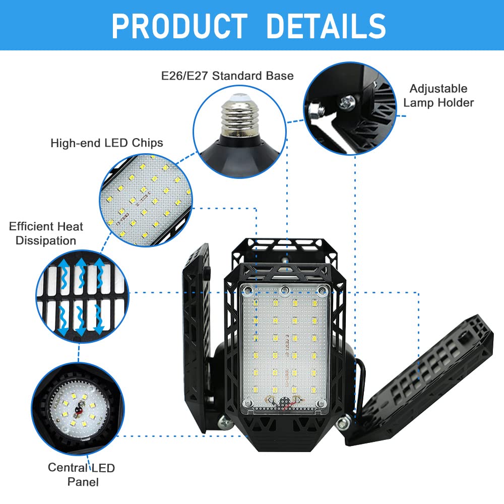 QiyuanLS 2-Pack LED Garage Lights, 150W Deformable Ceiling Lights, 15000LM, E26/E27, Black, ABS+Aluminum, Workshop Lighting