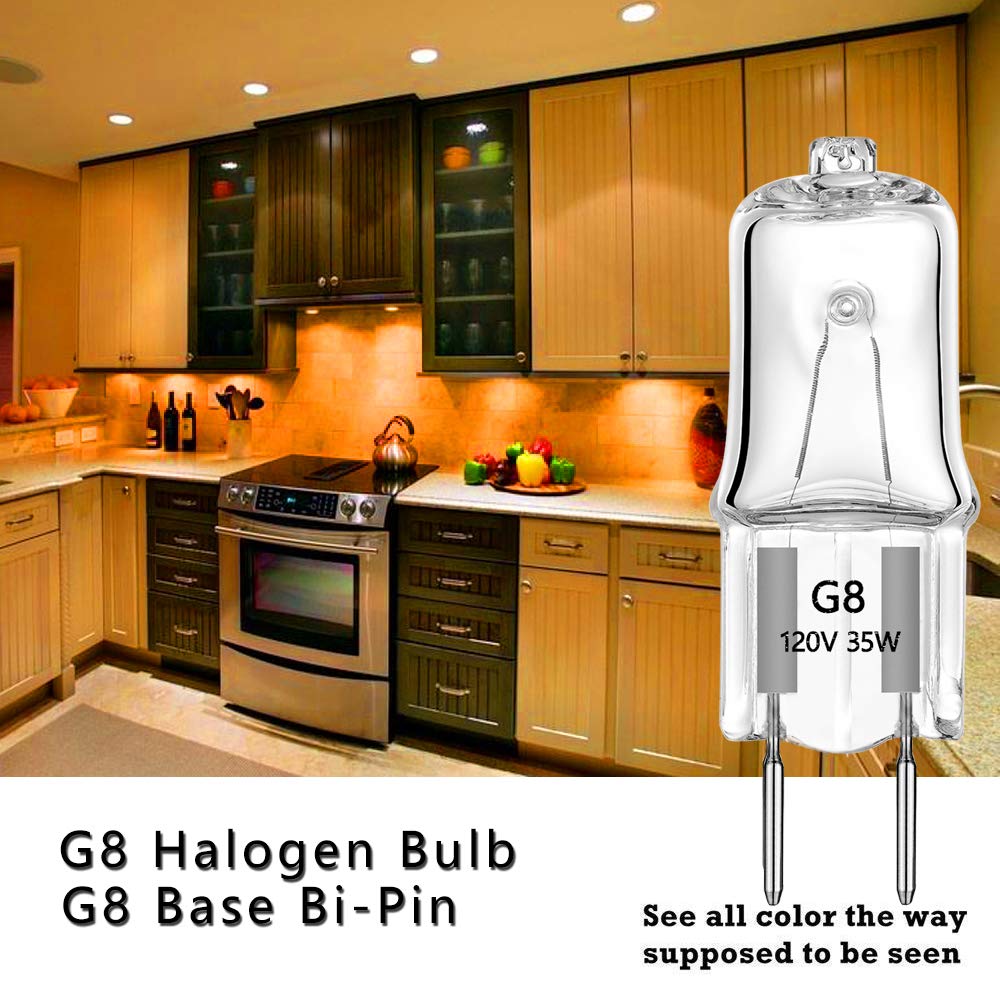 AHEVO G8 Halogen Light Bulbs 35W 120V Soft White 10 Pack Glass Bi-Pin Shorter T4 JCD for Under Cabinet Lighting