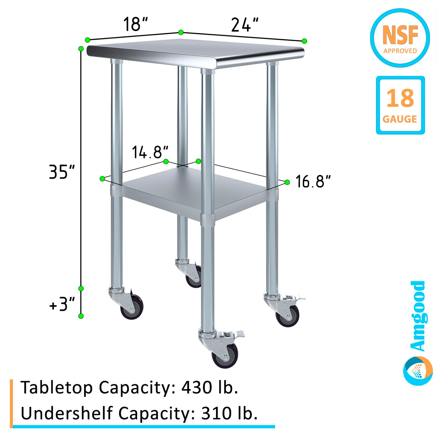 AmGood 24 in. x 18 in. Stainless Steel Work Table with Wheels | Metal Kitchen Food Prep Table | NSF