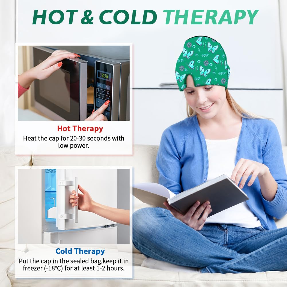 Migraine Relief Cap, Soothing Headache Ice Face Mask Products, Hot and Cold Therapy, Migraine Headache Relief Cap for Migraine, Sinus, Puffy Eyes, Tension, Stress and Hangover (Black+Green)