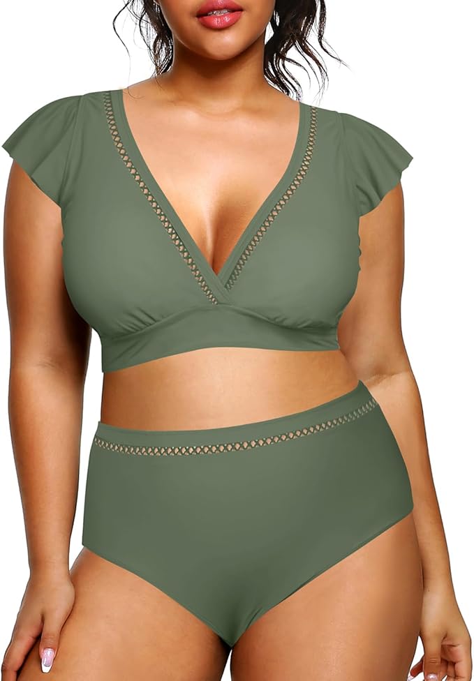 Daci Plus Size Two Piece Bikini Swimsuits - High Waisted Tummy Control Women Bathing Suits with Ruffle Sleeve Swimwear