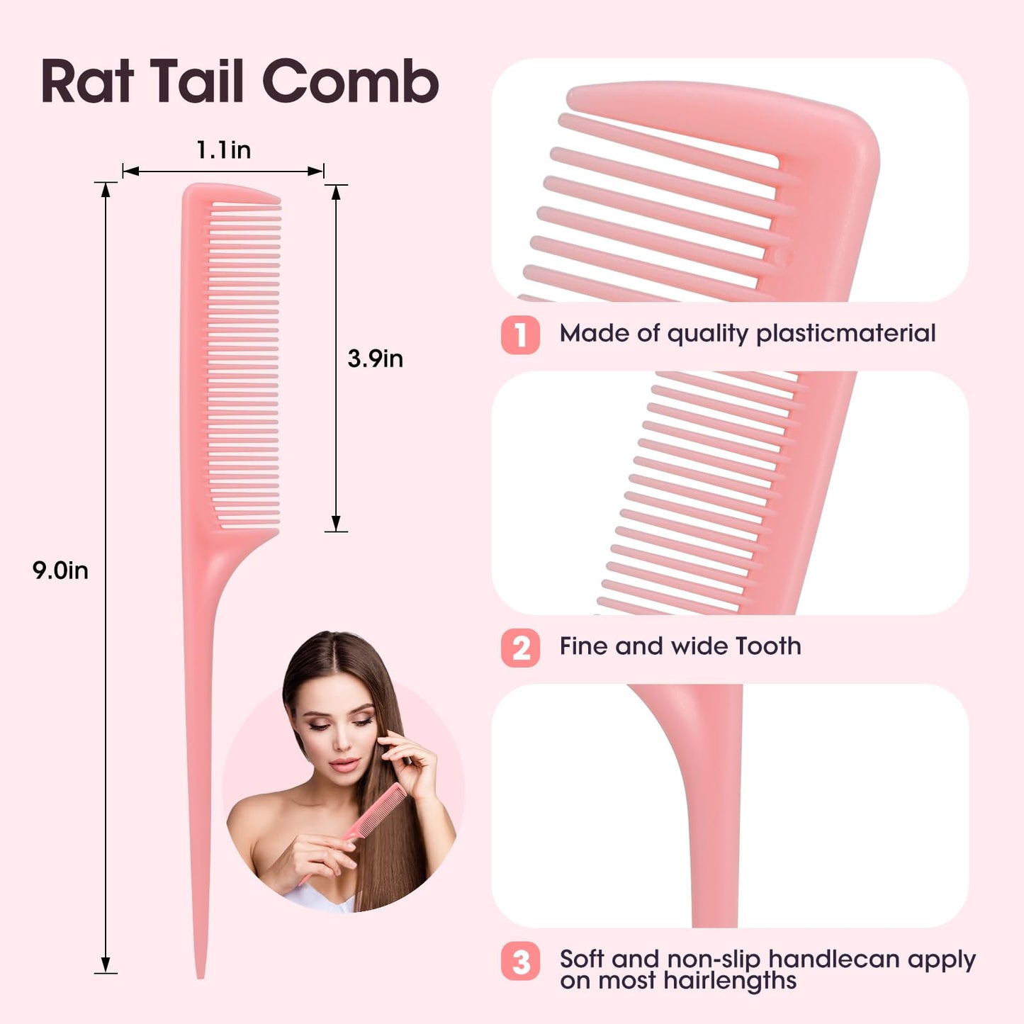 Rat Tail Comb Set-3Pcs Rat Tail Hair Teasing Fine Tooth Combs for Women Girls, Parting &Hair Styling Tools(Pink)