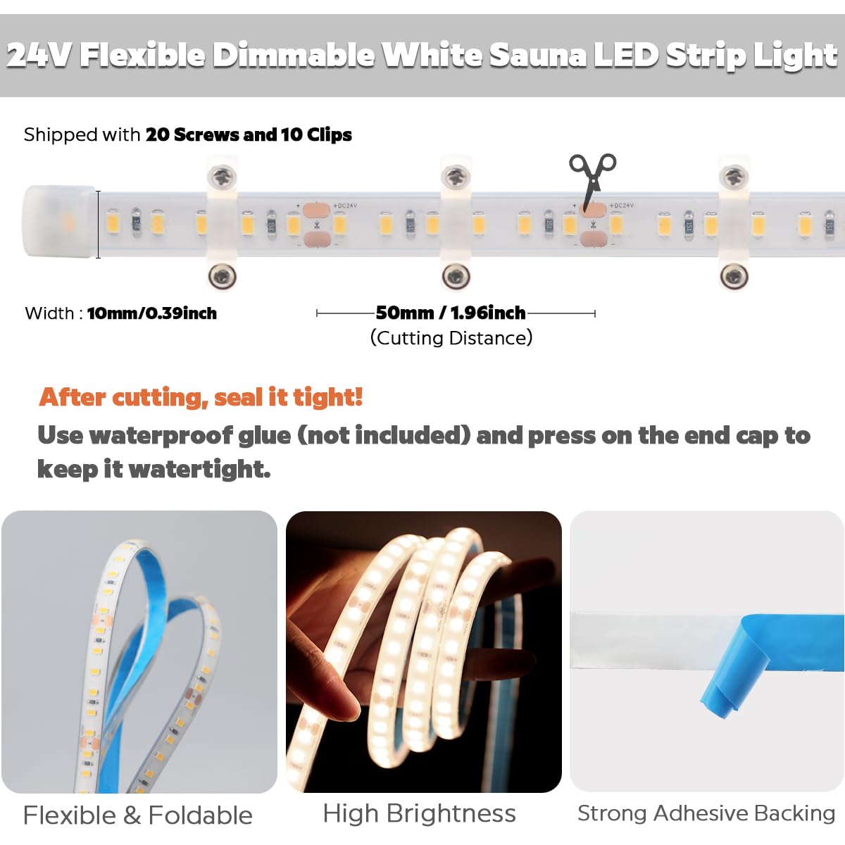 Superlightingled Dc24V 4000K White Sauna Led Strip Lights High Temp  Flexible Long 5M 16.4Ft 120 Leds/M Heat Resistant Waterproof Led Strip Light Ip68 For Steam Room Lighting (4000K Natural White)
