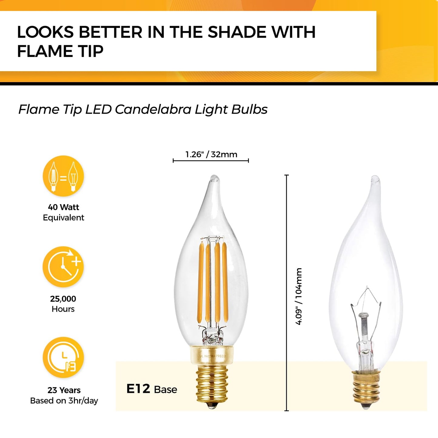 Hizashi 40W Equivalent E12 Dimmable Led Candelabra Bulbs, 2700K Soft Warm White, 4W 450Lm, Glass, 12 Pack