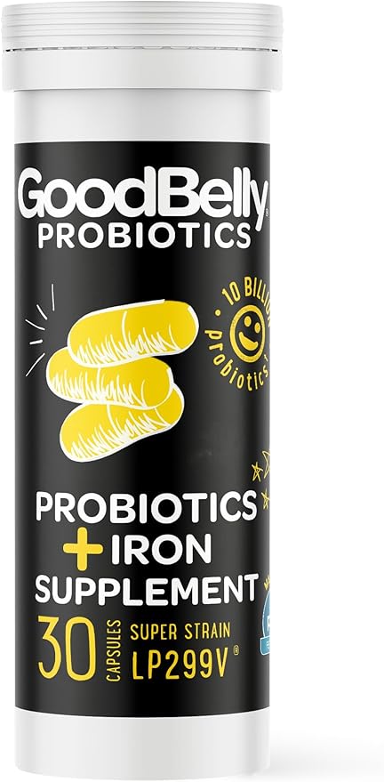 GoodBelly Probiotic Capsules for Digestive Health & Iron Absorption | Vegan Probiotic Supplement with 10 Billion Live Cultures | Probiotics for Women & Men | 30 Capsules