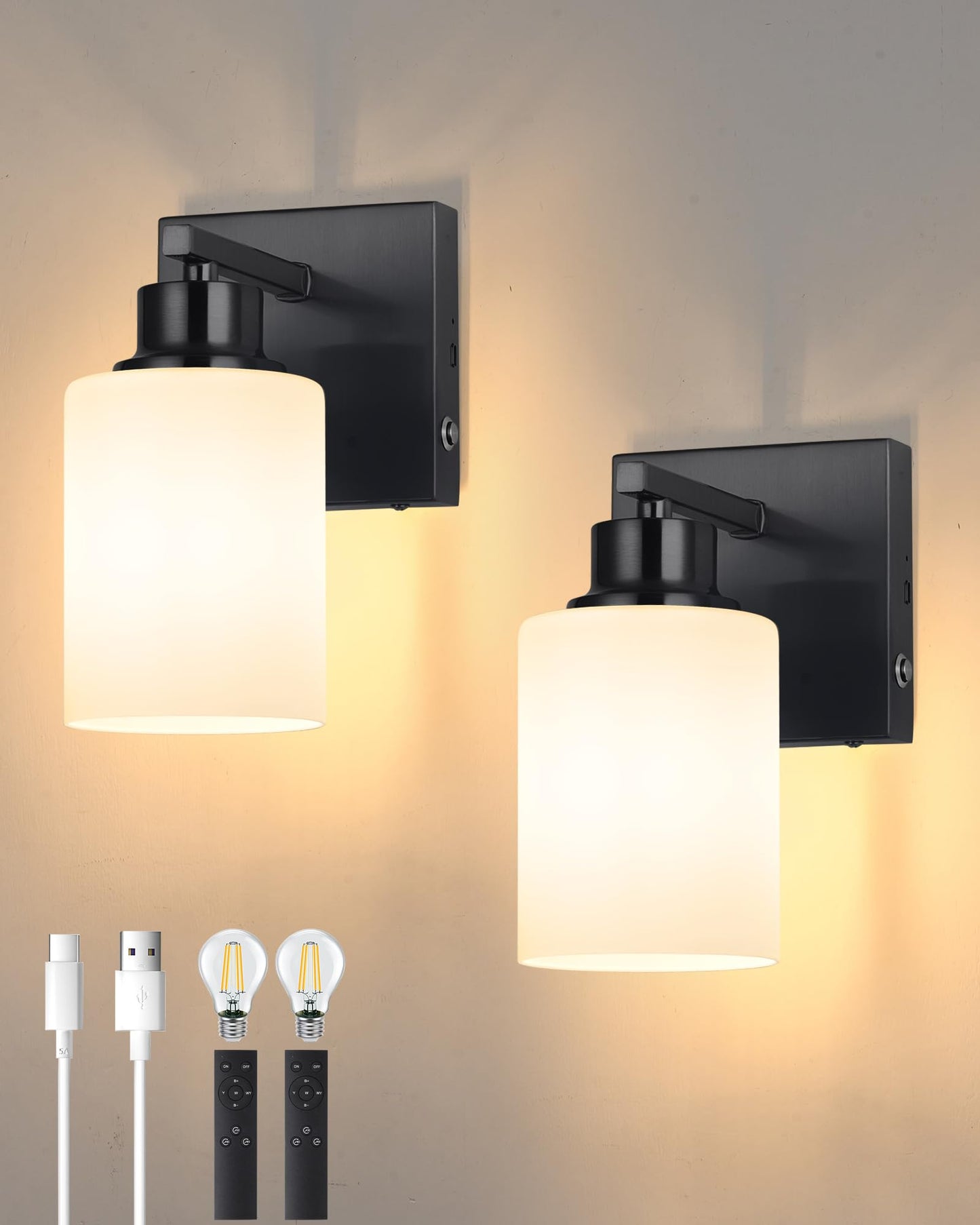 Rayogale Wireless Rechargeable Battery Wall Sconce Set of Two, Dimmable, Touch Control, USB-C Charging, Black with White Lampshade, Model WL-7112
