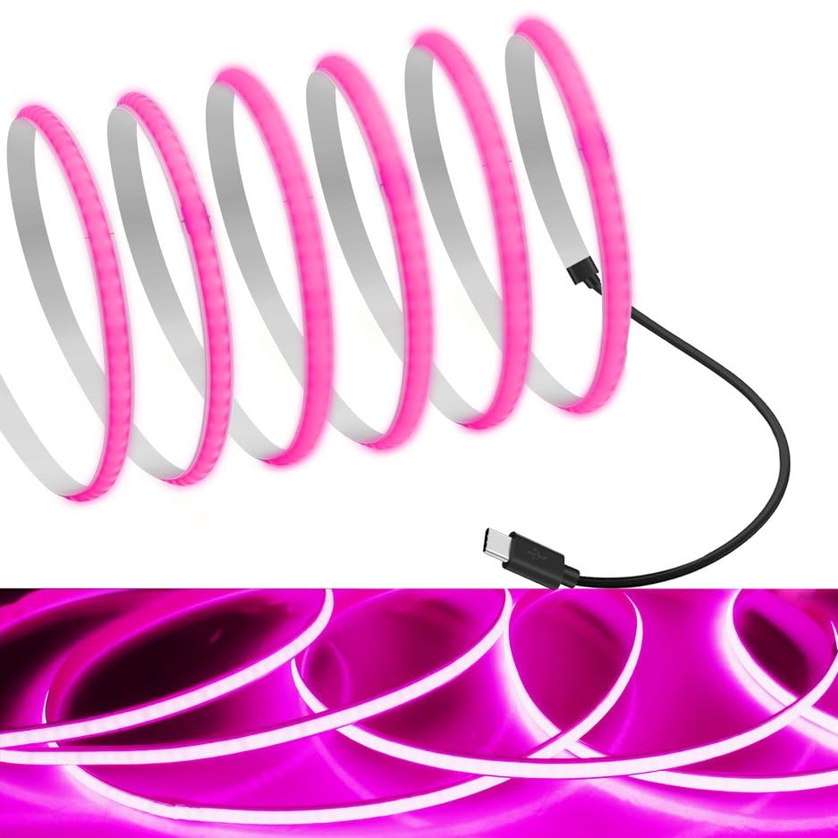 Mdee?Type C Cob Tape Light Led Strip.6.56Ft/2M- Flexible 5Mm Hidden Dc 5V Led Tape With 320 Leds/M For Pink Lighting. Cuttable  Shapeable  Type C Powered. Ideal For Kitchen