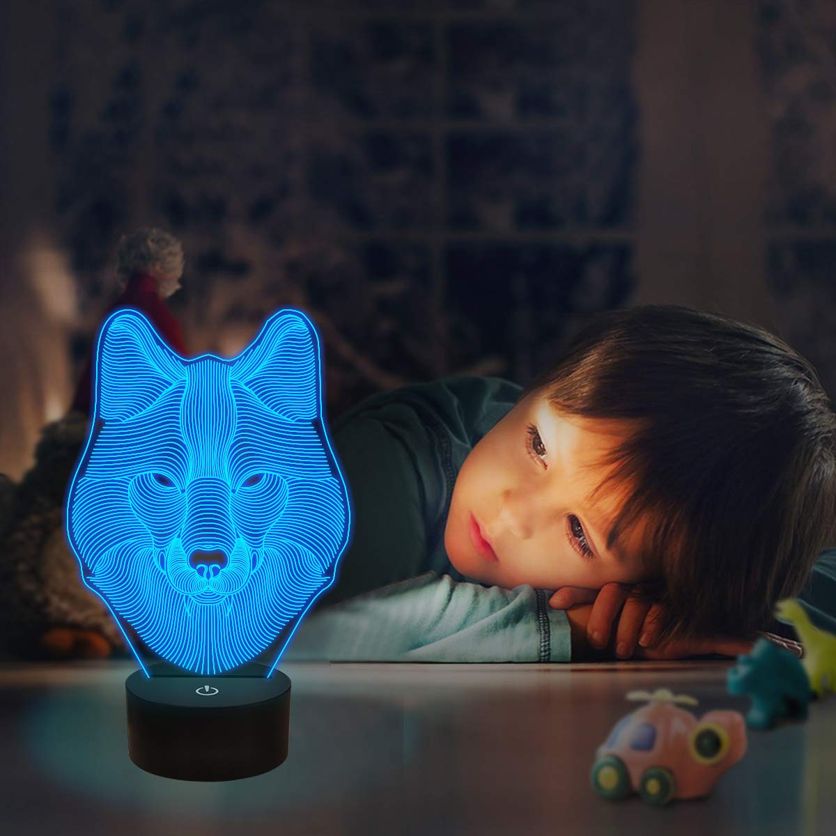 FULLOSUN 3D Wolf Night Light, Acrylic Optical Illusion Lamp, Remote Controller, 16 Color Changing, Model FS-3242, Blue-Wolf