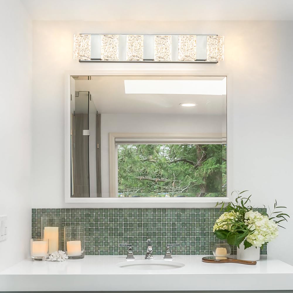 Modern 6-Lights Bathroom Vanity Lighting  Chrome Crystal Led Bathroom Light Fuxtures Over Mirror  Art Deco Dimmable Wall Sconce  Crystal Bathroom Light  Acrylic Hardwired Wall Lamp(H4.33In  L22.64In)