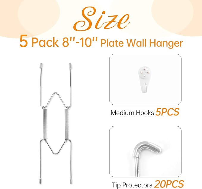 5 Pack Plate Hangers for The Wall, Suitable for 8-10 inch Art Plate, Stainless Steel Invisible Heavy Duty Wire Plate Holder with Wall Hooks, Plate Hangers for Displaying Plates, Platter, Dish, Silver