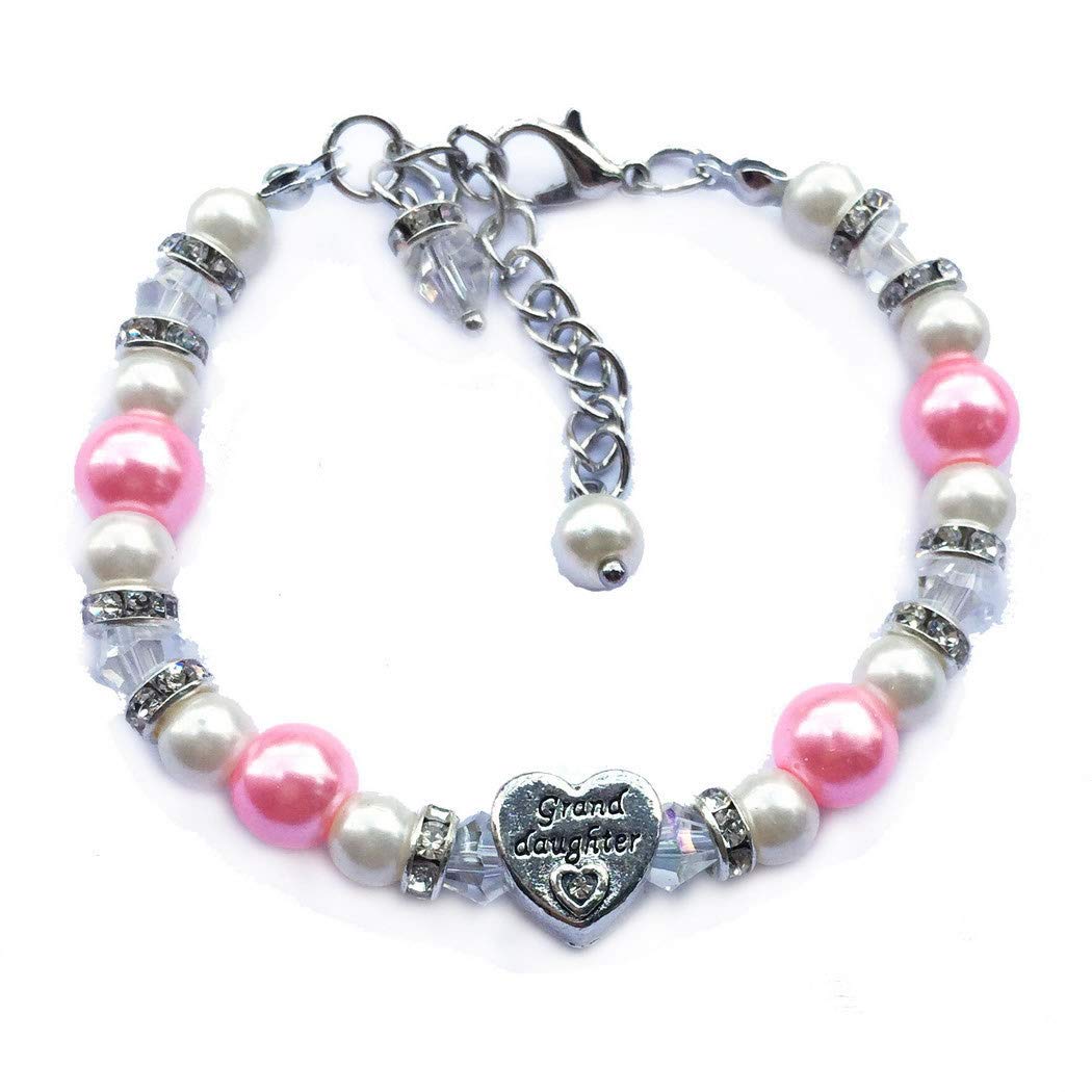 DOLON Graduated White with Fuchsia Pink Glass Pearl Facted Beads Rhinestone Heart Granddaugther Charm Bracelet Jewelry Back to S