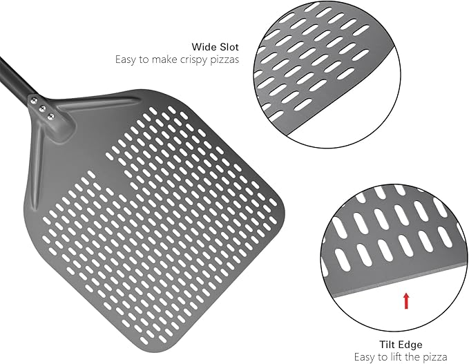 14” Perforated Pizza Peel, Long Handle Hard Anodized Aluminum Pizza Peel, Extra Large Pizza Turning Peel, Professional Pizza Pizza Paddle, 34.8 inch overall