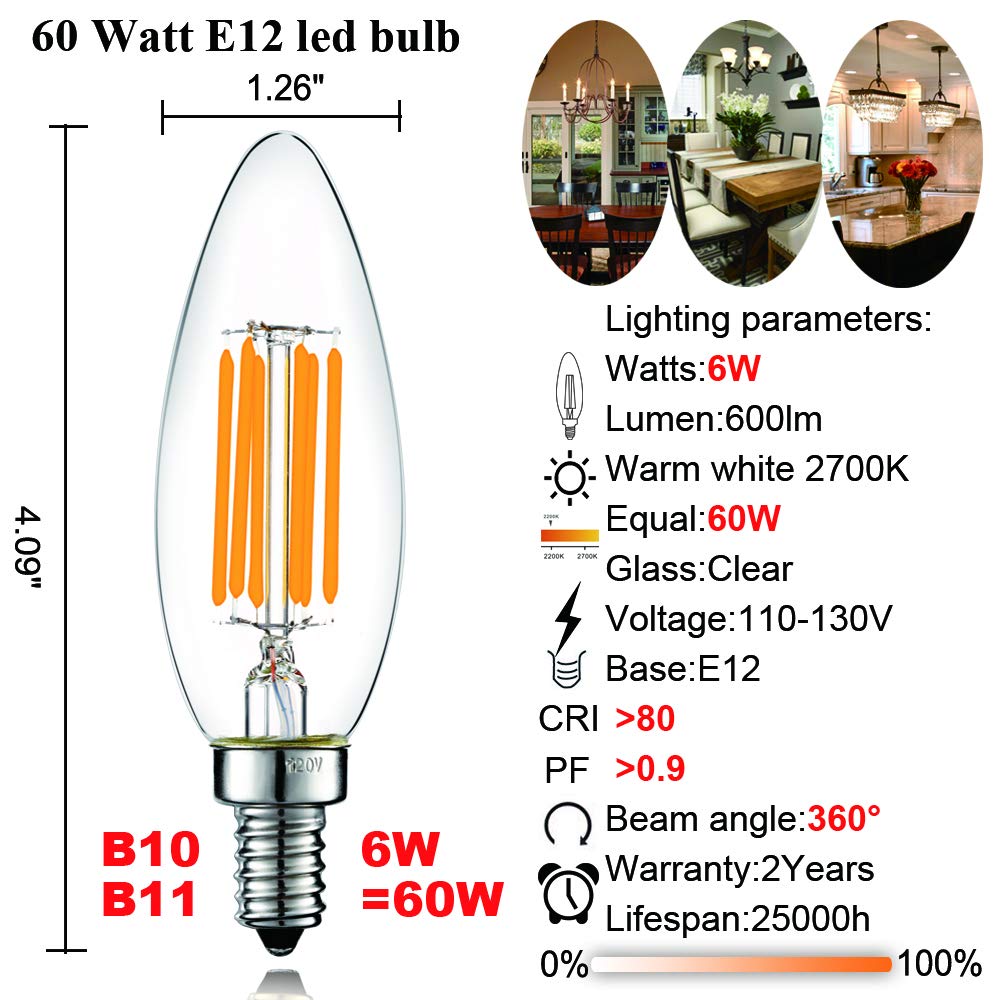 LiteHistory Dimmable B10 LED Bulb 6W (60W Equivalent) Clear E12 Edison 2700K 6-Pack