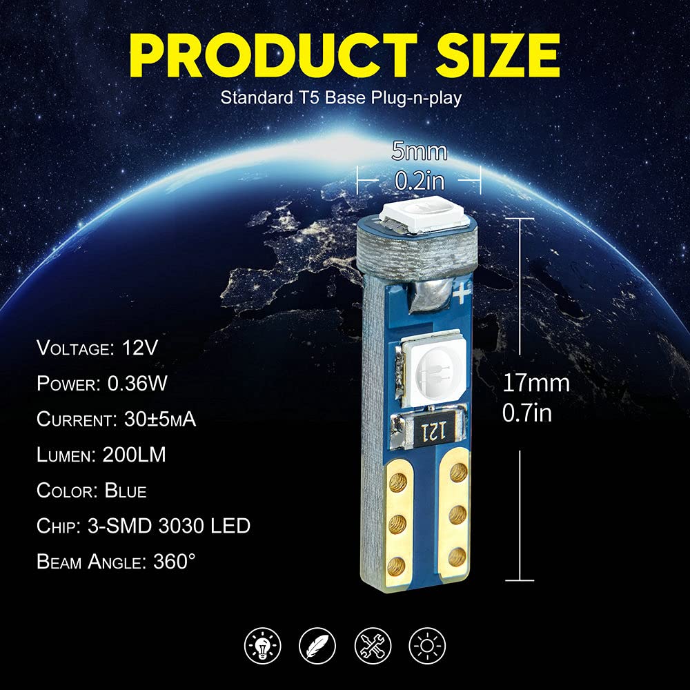 DODOFUN Deep Blue LED Bulb Pack of 10 for Dashboard Instrument Panel Gauge Cluster