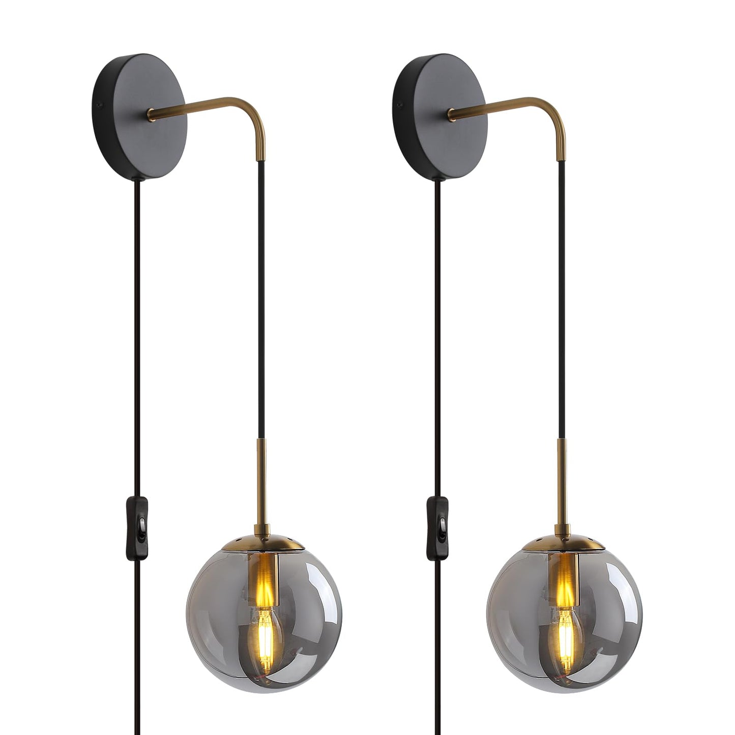 KUZZULL Wall Sconces Set of 2, Black and Brass Gold, Smoke Grey Glass Shade, 29in Iron Lighting for Bedrooms and Decor