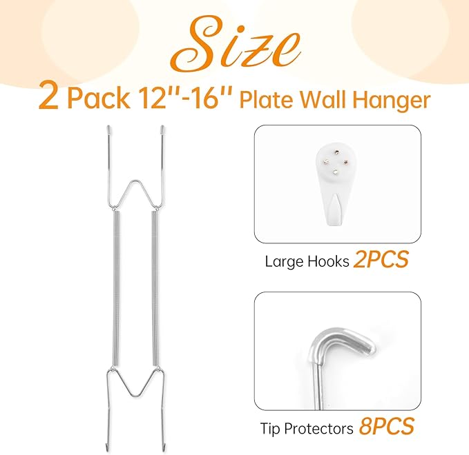 2 Pack Plate Hangers for The Wall, Suitable for 12-16 inch Art Plate, Stainless Steel Invisible Heavy Duty Wire Plate Holder with Wall Hooks, Plate Hangers for Displaying Plates, Platter, Dish, Silver