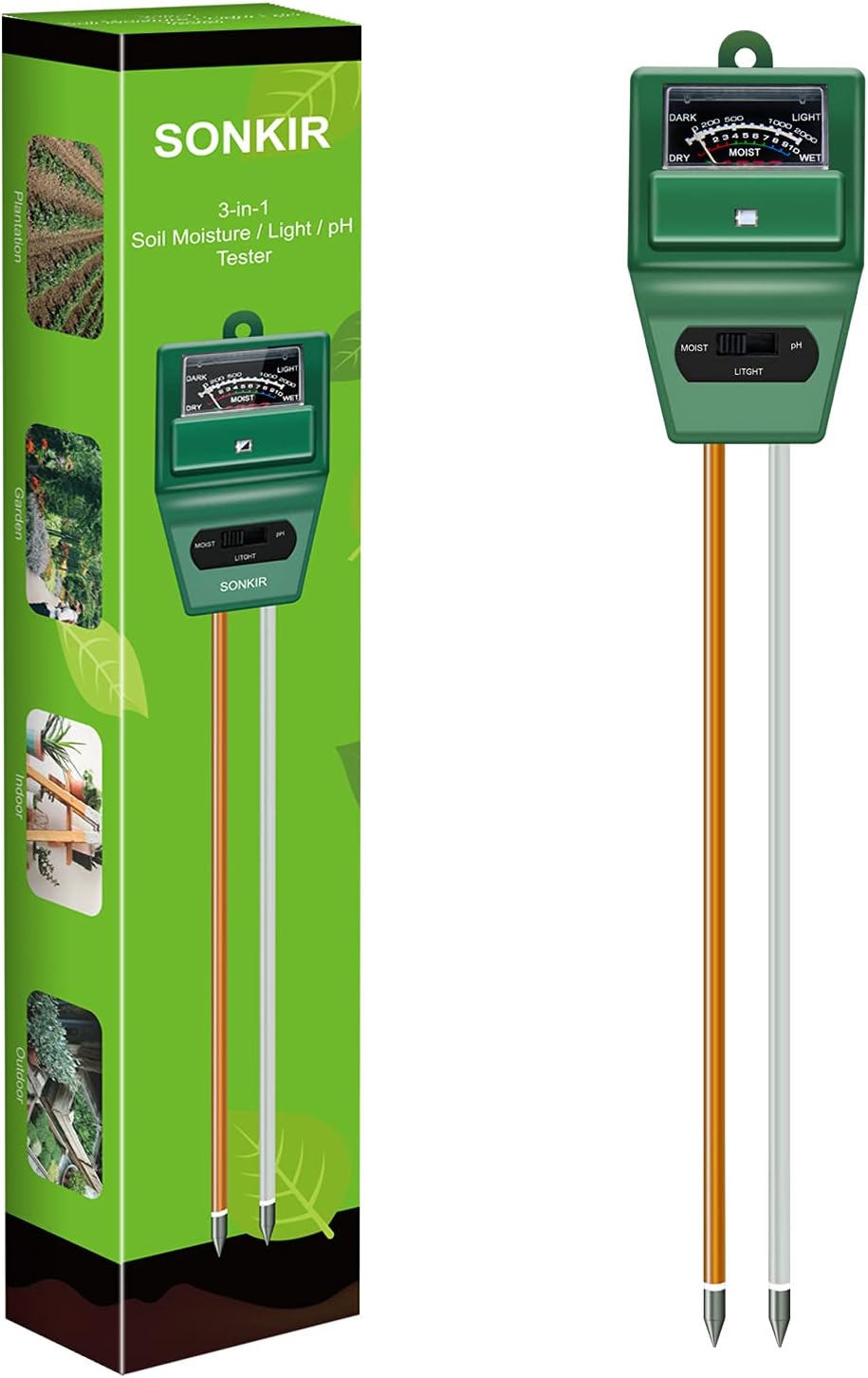 Soil pH Meter, MS02 3-in-1 Soil Moisture/Light/pH Tester Gardening Tool Kits for Plant Care, Great for Garden, Lawn, Farm, Indoor & Outdoor Use (Green)