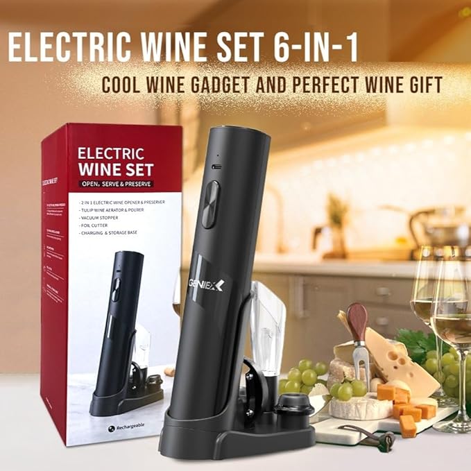 Electric Wine Opener with Charging Base | Electric Corkscrew Wine Bottle Opener at BOTTOM END + Auto Wine Saver Pump at TOP - Cool Wine Gifts and House Warming Gift