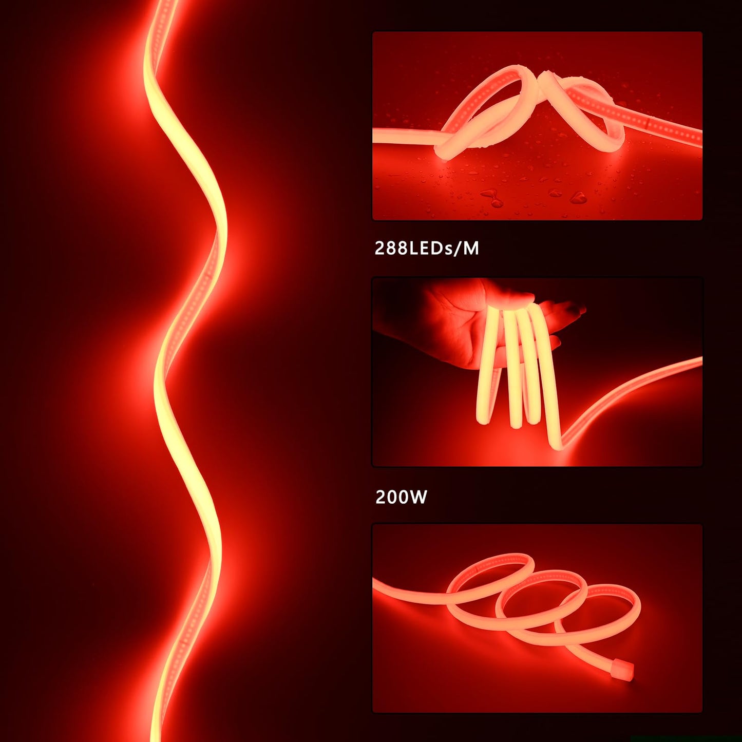 BENLUN AC 110V COB LED Strip Lights Outdoor Waterproof 65.6ft, Red Super Bright 200W LED Rope Light, IP65 Flexible Cuttable, for Bedroom Garden Commercial House Gaming Room Decor