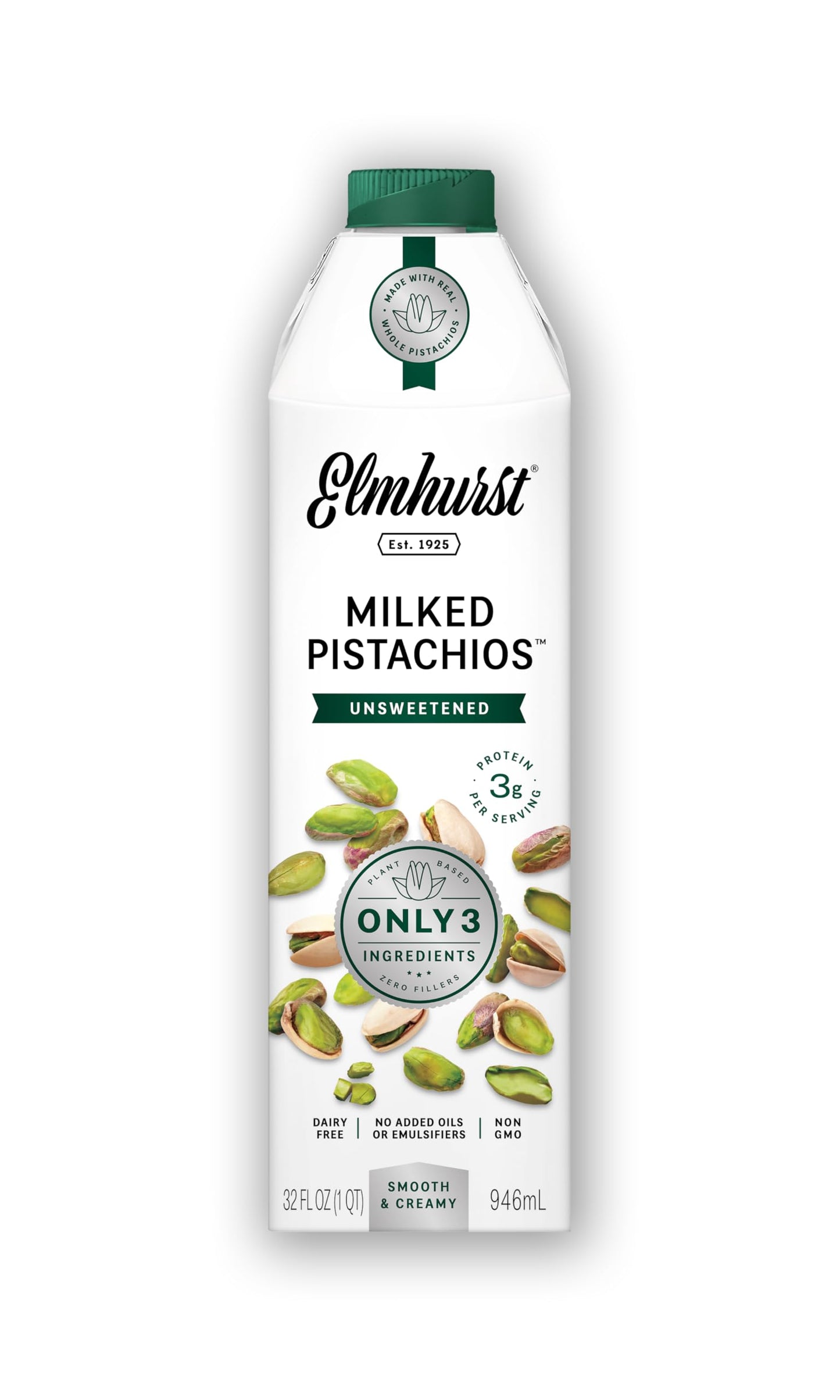 Elmhurst 1925 Pistachio Milk Unsweetened - 32 Ounce (Pack of 6) Dairy-Free, Gluten-Free, Vegan, Kosher, Shelf Stable Milk Made w