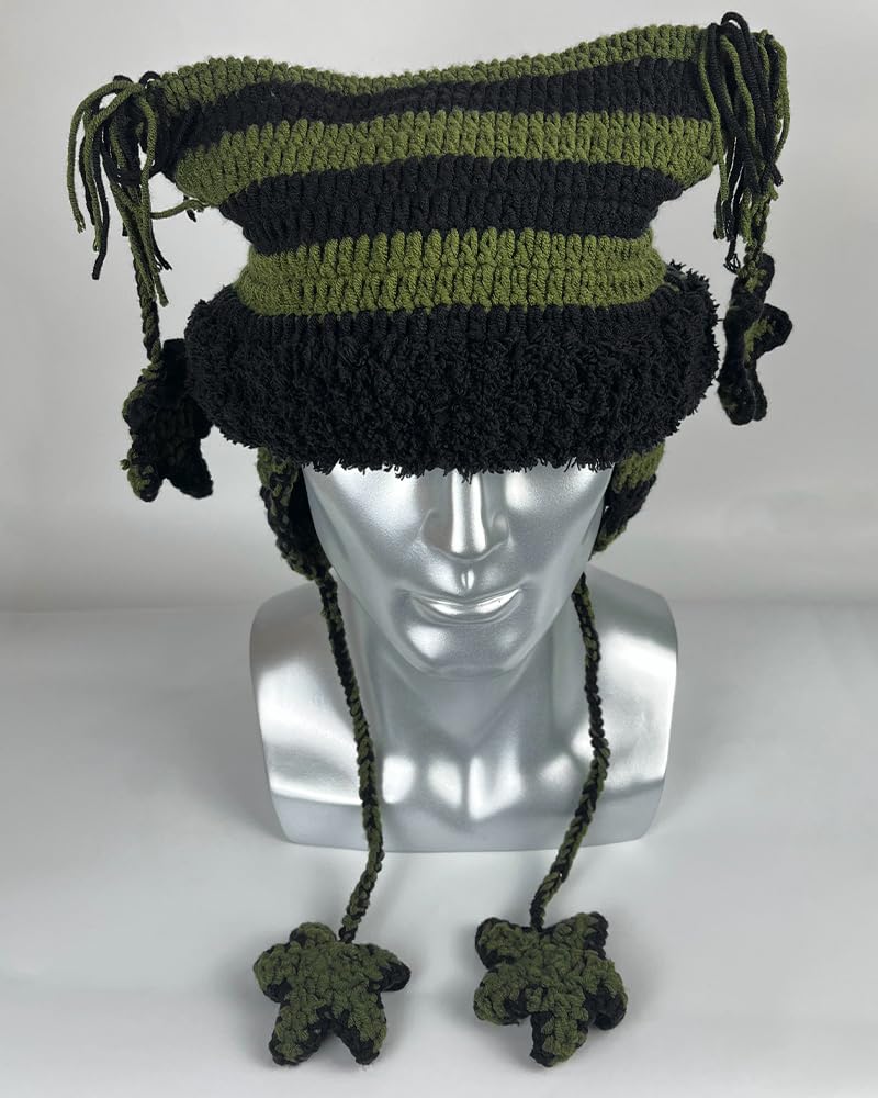 CZDCB Y2k Beanie Knitted Hat Cute Cat Beanie Warm Loose Crochet Hat Women Black Green with Pendant