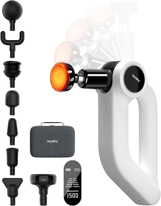 HEYCHY Massage Gun Deep Tissue with Heat Therapy, 12mm Amplitude Muscle Massager for Athletes, 5 Speeds & 4 Modes Massager...