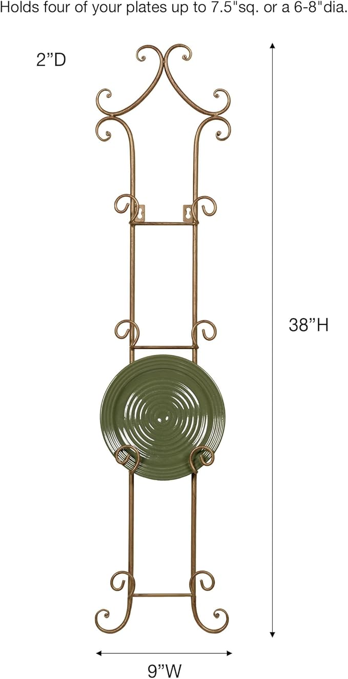 Touch of Class Regalla Petite Plate Rack - Vertical Plate Display - Hanging Plate Rack - For 6-8" dia. Plates - Satin Gold Finish - Four-plate is 38 inches - Hardware Included