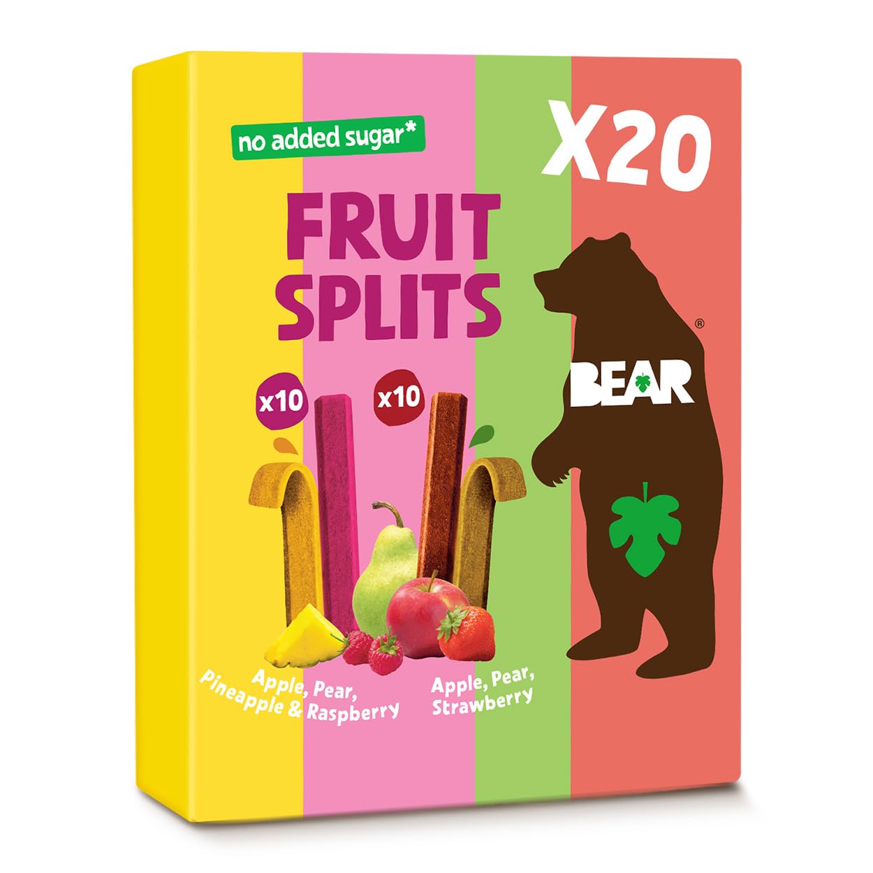 BEAR Real Fruit Snack Splits - Gluten Free, Vegan, and Non-GMO - Variety Pack (Apple/Strawberry, Raspberry/Pineapple)- Healthy S