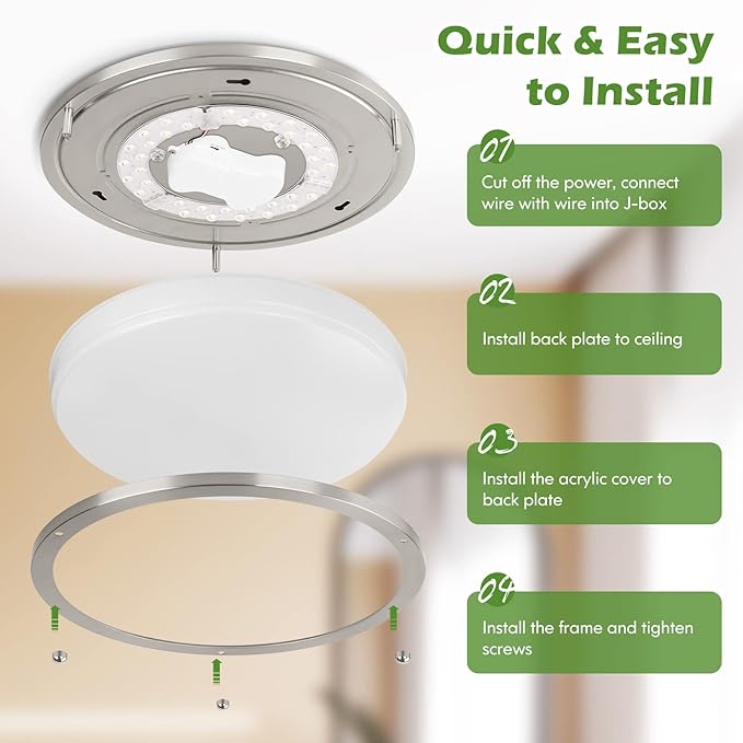 4-Pack 12 Inch Dimmable LED Ceiling Lights, 36W 2700K/3000K/4000K/5000K/6500K Adjusted Flush Mount Ceiling Light, 3200LM Super Bright Brushed Nickel Lighting Lamp Fixture for Bedroom Bathroom Dining