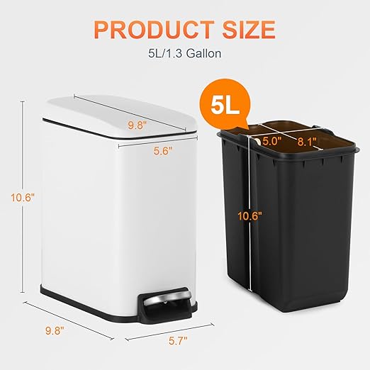 PayLessHere 1.3 Gallon Stainless Steel Slim Trash Can with Foot Pedal and Removable Inner Bucket for Bathroom, Kitchen, or Bedroom
