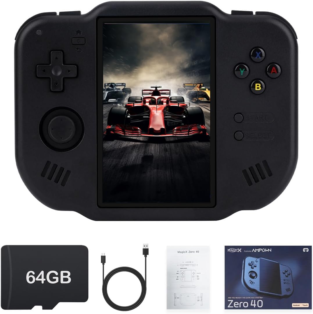 MagicX Zero 40 Retro Handheld Game Console , 3.4 Inch IPS Screen Linux System Sunken Dual Joystick Built-in 64G TF Card Handheld Emulator Support 4.2G WiFi Bluetooth TV Output(Black)